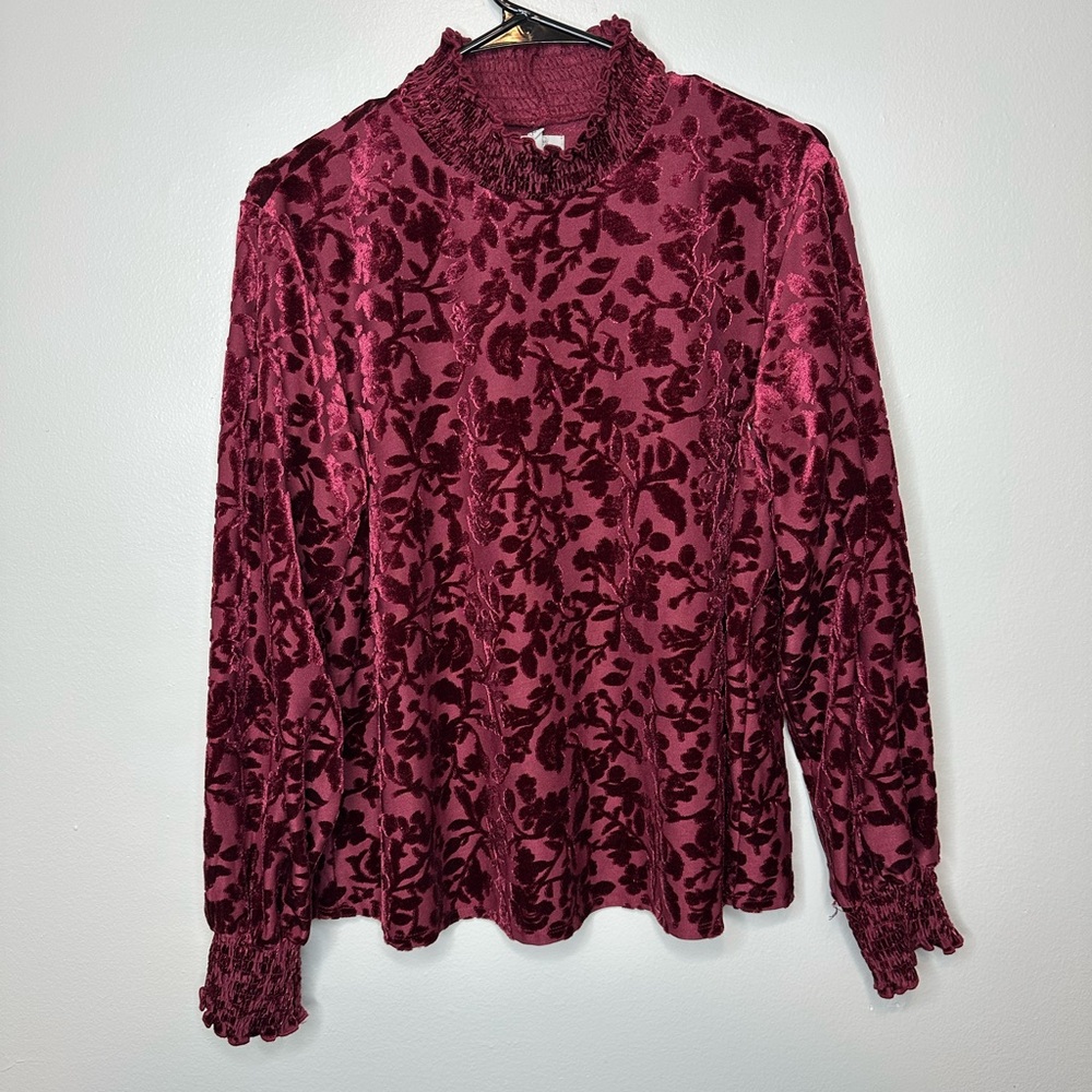 Maurices Velvet Floral Burnout Mock Neck Top Deep Red Size XXL - Picture 2 of 9